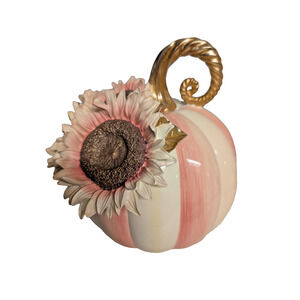 MacKenzie Childs Rosy Stripe Pumpkin Pink Sunflower - Small 9" All Season Decor